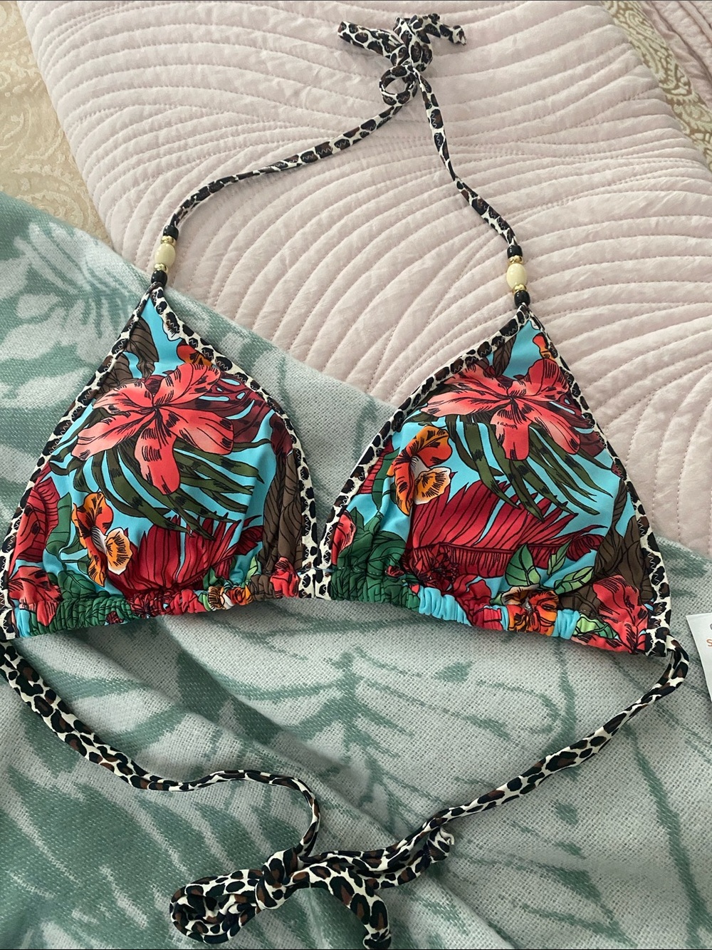 NWOT Floral Triangle Tie-Back Bikini Top in Turquoise and Red/Orange